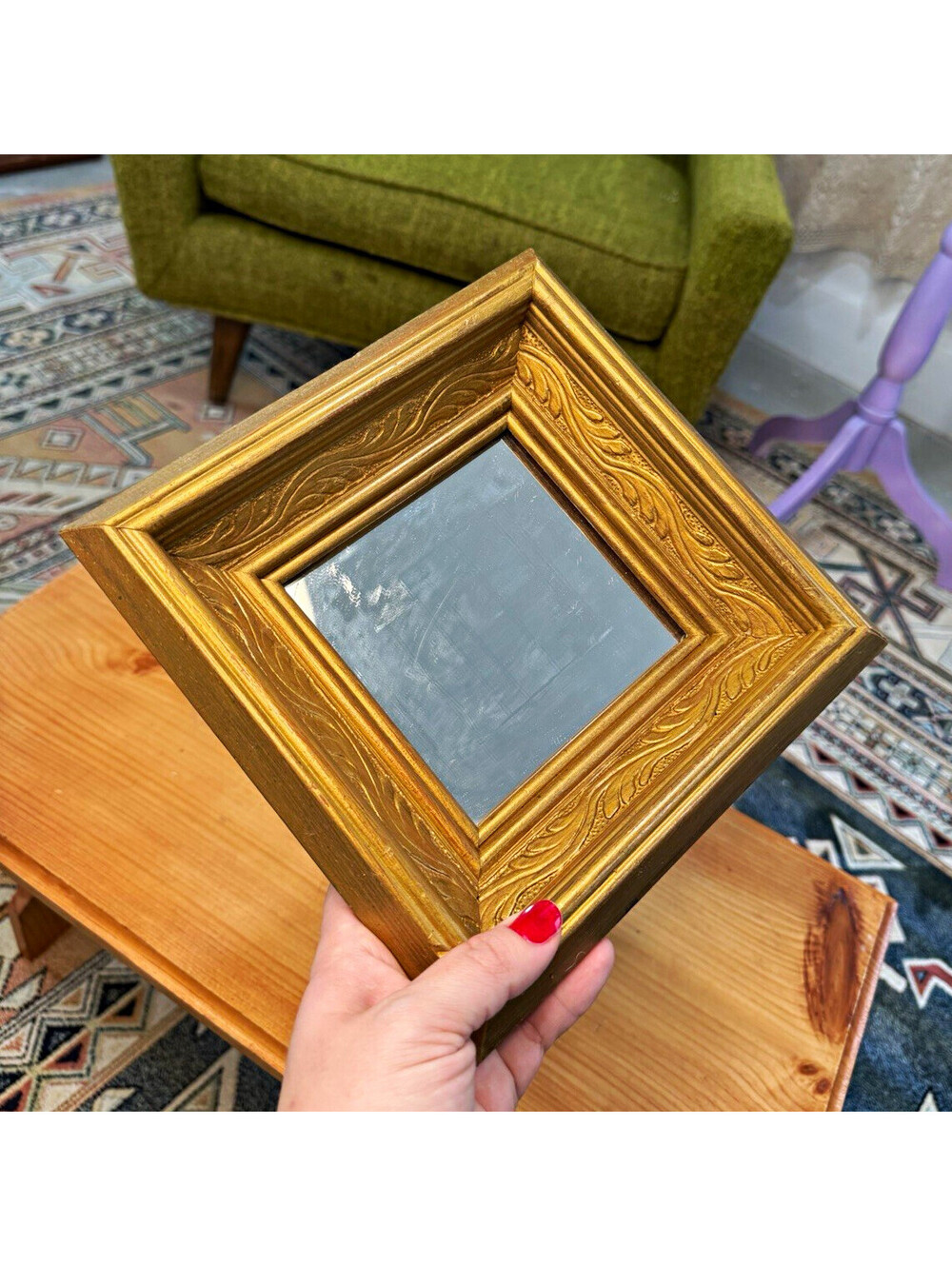 Gold Square Framed Accent Mirror 8 x 8 art deco vintage 70s